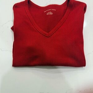 American Eagle Outfitters Red Ribbed V-Neck Long Sleeve Top